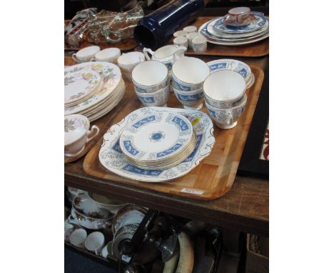 Tray of Coalport bone china revelry design tea service comprising; cups, saucers, side plates, milk jugs, sucrier and sandwic