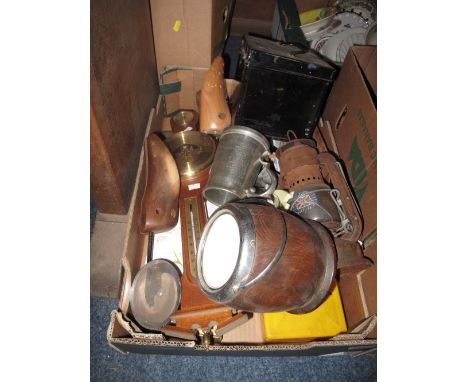 Tray of assorted items to include; oak and plated biscuit barrel, Chalwyn lamp, Welsh rugby union 1881 - 1981 tankard, pin fi