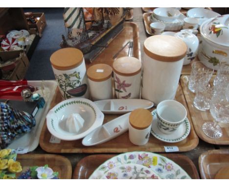 Tray of Portmeirion 'The Botanic Garden' kitchen items to include; orange squeezer, various canisters, lidded canisters, plan
