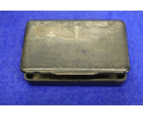 White metal engraved snuff box depicting landmark within scroll boarder, foreign stamps, numbered 84, initials P.M?  Possibly