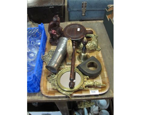 Tray of assorted items to include; hardwood circular ladies hand mirror, carved hardwood study of an immortal seated figure, 