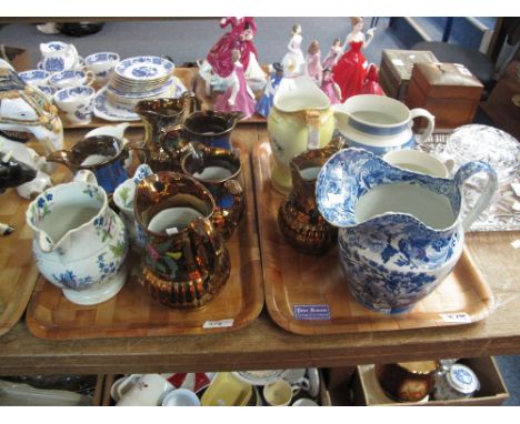 Two trays of assorted dresser jugs to include; copper lustre, Japan, Opaque, China, blue and white figural and foliate pearl 