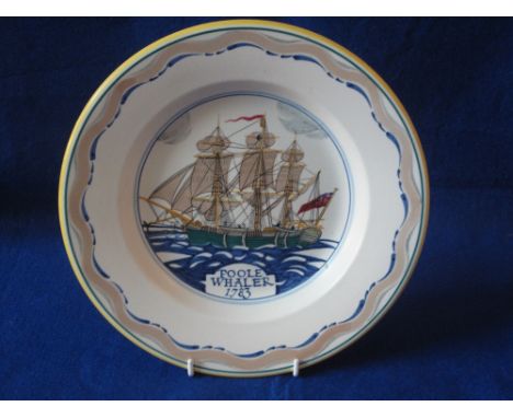 Mid 20th Century Poole pottery hand-painted dish, 'Poole Whales 1783', dated 1955, ship drawn by Arthur Bradbury and painted 