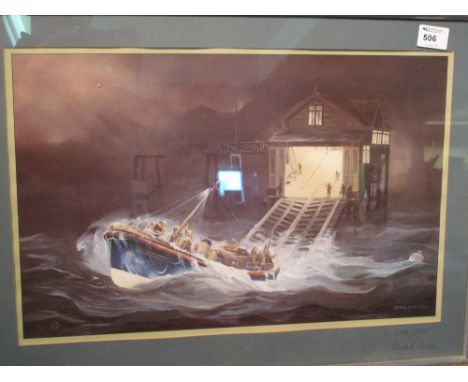 After Derek Scott, 'Night launch of the Mumbles life boat' Limited Edition coloured print signed in print by the artist.  Fra