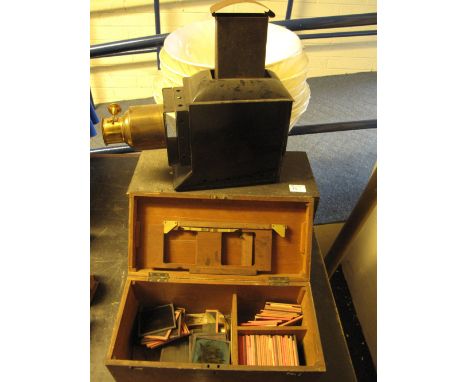 19th Century magic lantern projector in the original wooden box together with a further wooden box containing a collection of