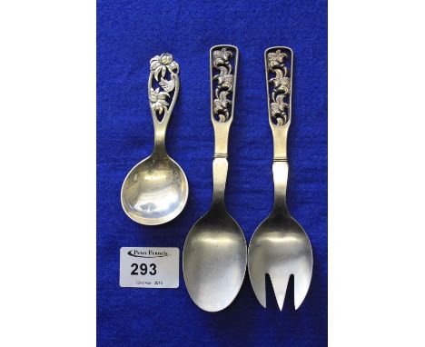 Continental white metal salad fork and spoon, together with similar caddy spoon.