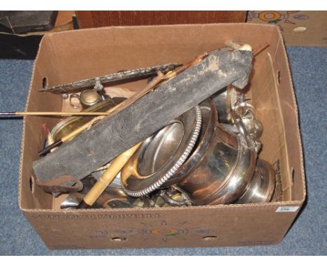 Tray of assorted mainly metalware to include; silver plated salver, serving tray, various tea pots, pewter tastvin and two ha