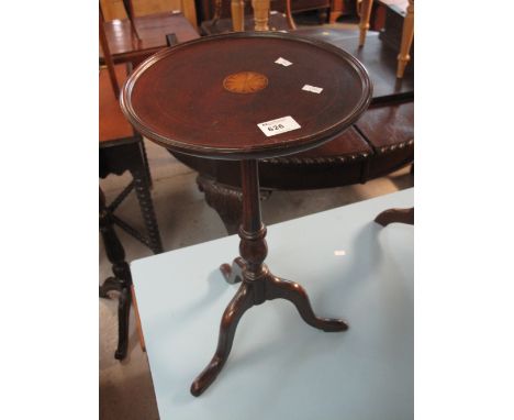 Small mahogany inlaid tripod wine table.