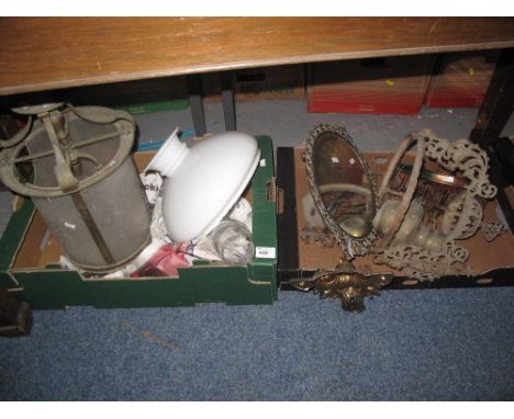 Two boxes of assorted items to include: gilt brass pierced oval toilet mirror, large circular cast iron lantern shaped ceilin