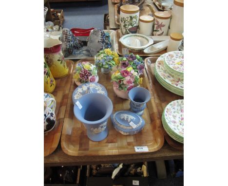 Four Adderley floral bouquets, together with various Wedgwood Jasper ware items to include; trinket box and vases.  (8)