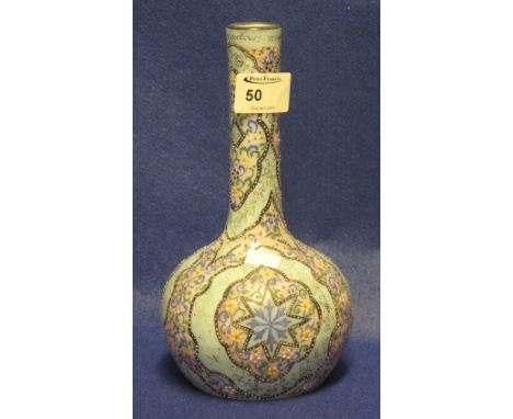 19th Century enamel decorated, mallet shaped opaline glass vase with foliate stylized panels.  Bearing initials to base with 