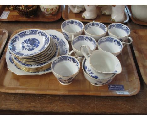 Tray of Duchess bone china willow design part tea ware comprising; cups, saucers, plates, milk jug and sucrier.