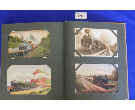 Postcard album containing various locomotives, America Mail, Scotch Express, The Royal Scot etc.