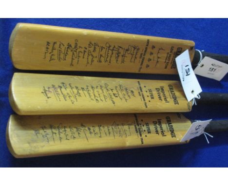 Three Gradidge miniature autographed cricket bats, to include South African touring teaming 1955 (Len Hutton), West Indies to