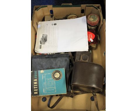 Box of assorted items to include Rolex cased sine camera, Pentax auto 110, outfit and accessories, various Kodak and other ca