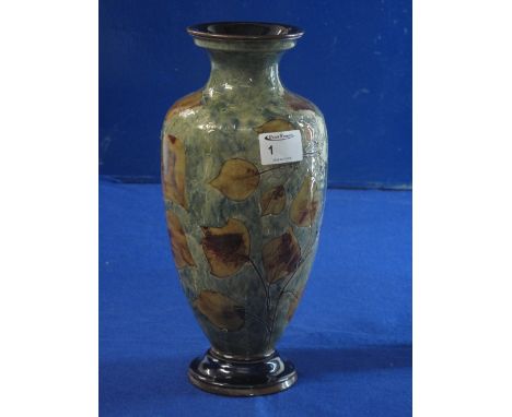 Royal Doulton stoneware, glazed, ovoid shaped vase, with incised and coloured decoration of leaves.  Impressed marks to base 