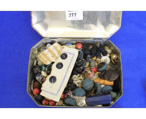 Vintage tin containing assorted buttons and beads, thimbles etc.
