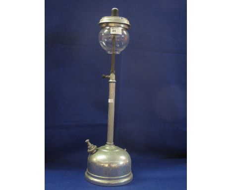 Tilley lamp Co. plated metal pedestal, pressurized lamp with glass shade.