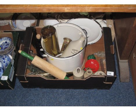 Tray of assorted items to include; large circular two handled enamel bread bin, vintage rolling pin, vintage glass and chemis