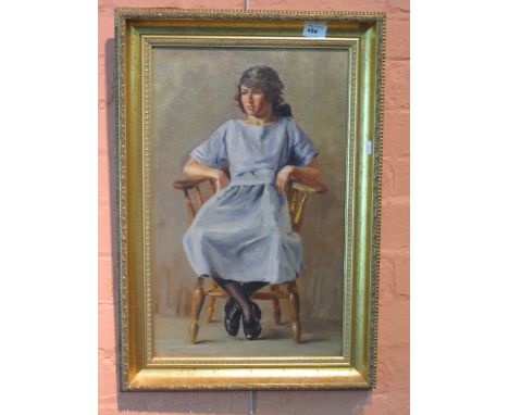 Mid 20th Century British School, full length portrait of a young woman seated in a chair, oils on board.  Framed.