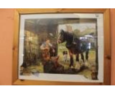 After Peter Goodhall, A Farrier at work with shire horse and spaniel.  Coloured print, framed and glazed.