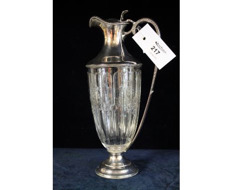 Silver and glass claret jug London 1908. CONDITION REPORT: No obvious damage, some light wear/tarnish to silver in places