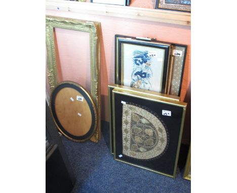 Group of assorted frames and furnishing pictures to include; three Chinese embroidered panels and two pairs of wire work embr