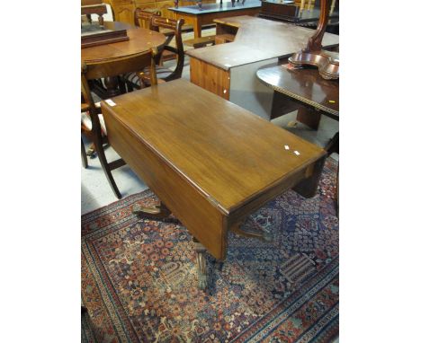 Late Regency mahogany rectangular drop leaf pedestal breakfast table on baluster turned column with moulded sabre legs and br