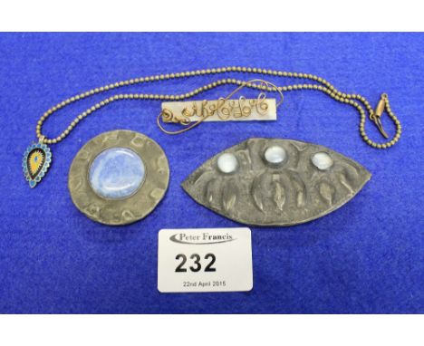 Two Ruskin type brooches, enamel pendant and brooch and mother of pearl brooch.