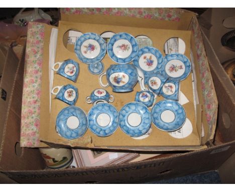 Box of assorted mainly china to include; Torquay lustre ware, floral tea service, Masons Strathmore dinner plates, Royal Doul