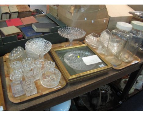 Three trays of assorted glassware to include; cut glass commemorative dish in gilt frame, bowls, jelly mold, candle stick hol