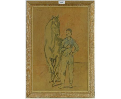 After Picasso,
colour lithograph, boy with horse, 20" x 13" and Henry Rushbury, etching, a red setter, signed in pencil, fram