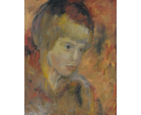 Oil on board, portrait of a girl, signed with initials V P, 16" x 13", framed.