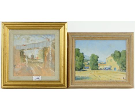 Peter Jamieson,
oil on board, steam engine at Sheringham, Norfolk, 7.5" x 7.5" and Gordon Gash, oil on board, in Crete, 7.5" 