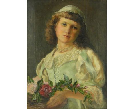19th century oil on canvas, portrait of a girl with roses, unsigned, 20" x 15", framed.