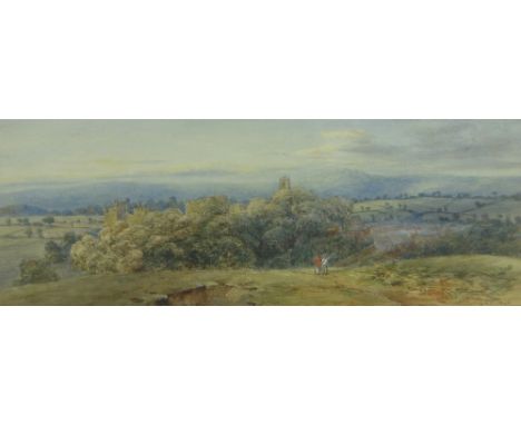 19th century English School,
watercolour, figures near Ludlow Castle, signed with initials G R C, dated 1890, 7" x 18.5", fra