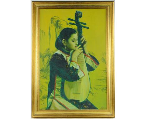 20th century Chinese School,
oil on canvas, portrait of a girl with a lute, modern, 35" x 24", framed.