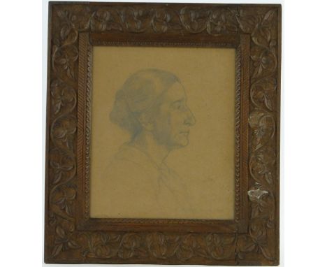 Kathleen Pilsbury,
pencil drawing, portrait of a woman 1923, 11.5" x 9.5", in Arts & Crafts carved walnut frame.