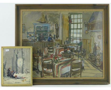 H Pierrepont,
watercolour, cafe interior, 18" x 22", P Pickering, oil, the button factory and 3 other works by different hand