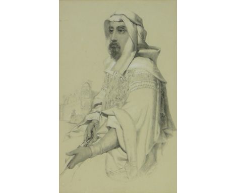 19th century pencil heightened with white portrait of an Arab, indistinctly signed, dated 1857, 17" x 10.5", framed.