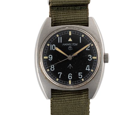 A GENTLEMAN'S STAINLESS STEEL BRITISH MILITARY HAMILTON WRIST WATCH DATED 1973, ISSUED TO THE ARMYMovement: Manual wind, hack
