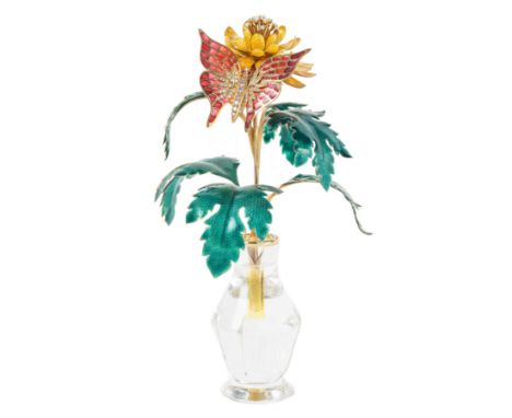 A FINE 18K SOLID GOLD, DIAMOND, ENAMEL AND ROCK CRYSTAL ORNAMENT DEPICTING A BUTTERFLY RESTING ON A FLOWER IN A VASECIRCA 198