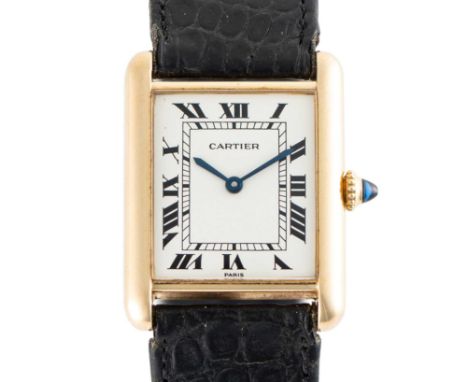 A GENTLEMAN'S SIZE 18K SOLID GOLD CARTIER PARIS TANK LOUIS MECANIQUE WRIST WATCHCIRCA 1980s Movement: 17J, manual wind, ETA/C