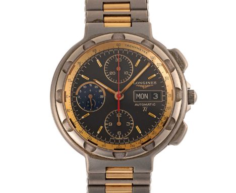 A GENTLEMAN'S SIZE TITANIUM & ROSE GOLD LONGINES CONQUEST TI AUTOMATIC MOONPHASE DAY DATE CHRONOGRAPH BRACELET WATCHCIRCA 198