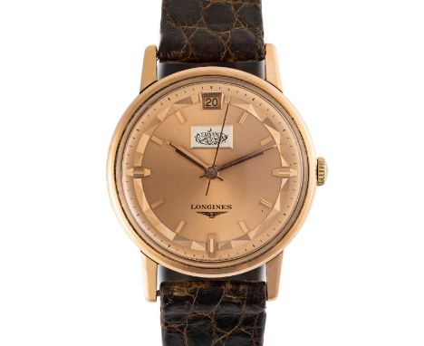 A RARE GENTLEMAN'S SIZE 18K SOLID ROSE GOLD LONGINES CONQUEST WRIST WATCHDATED 1961, REF. 9027/9025, COMMISSIONED BY SHEIKH A