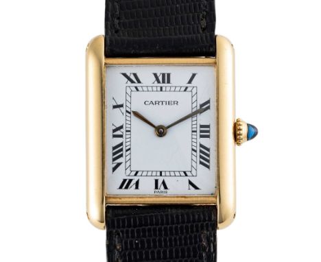 A GENTLEMAN'S SIZE 18K SOLID GOLD CARTIER PARIS TANK LOUIS MECANIQUE WRIST WATCH
CIRCA 1980s

Movement:&nbsp;17J, manual wind