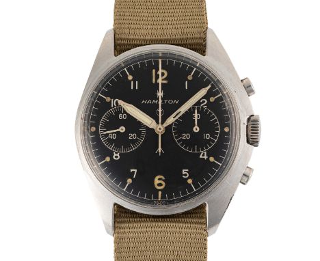 A RARE GENTLEMAN'S STAINLESS STEEL ROYAL AUSTRALIAN NAVY MILITARY HAMILTON PILOTS CHRONOGRAPH WRIST WATCH DATED 1970Movement: