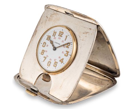 A RARE SOLID SILVER & GOLD CARTIER TRAVEL CLOCKCIRCA 1930, WITH 24 HOUR ENAMEL DIAL, ACCOMPANIED BY ITS ORIGINAL CARTIER TRAV