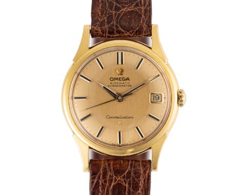 A GENTLEMAN'S SIZE 18K SOLID OMEGA CONSTELLATION CHRONOMETER DATE WRIST WATCH CIRCA 1960, REF. 14.393/4 WITH SOLID GOLD DIAL,