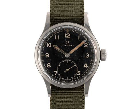 A GENTLEMAN'S STAINLESS STEEL BRITISH MILITARY OMEGA W.W.W. WRIST WATCH CIRCA 1945, PART OF THE "DIRTY DOZEN"  Movement: 15J,